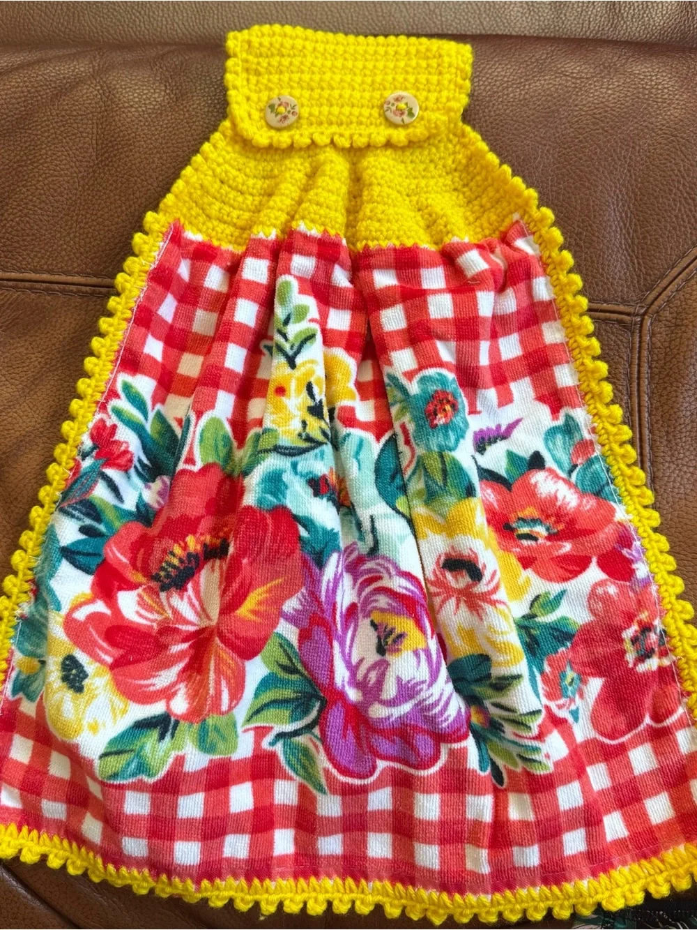 Pioneer Woman Floral Gingham Crochet Hanging Kitchen Towel